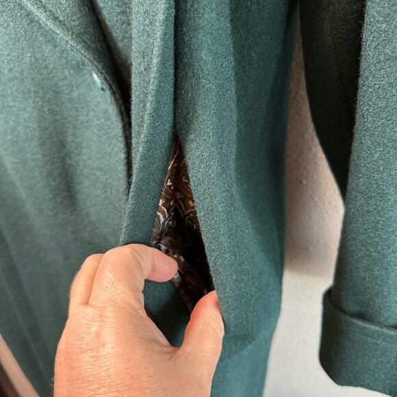 VTG Petite Essentials Green Wool Dress Coat Women's 10P Long Sleeve Button Up - Picture 6 of 13
